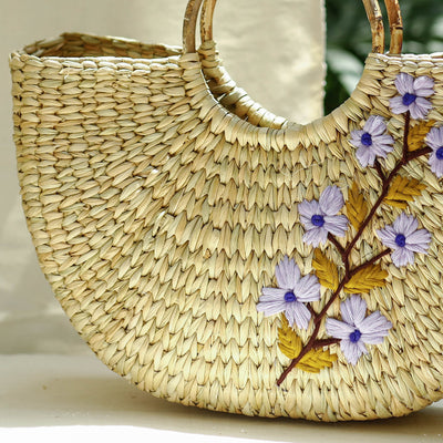 Beige - Handcrafted Natural Water Reed Embroidered Hand Bag