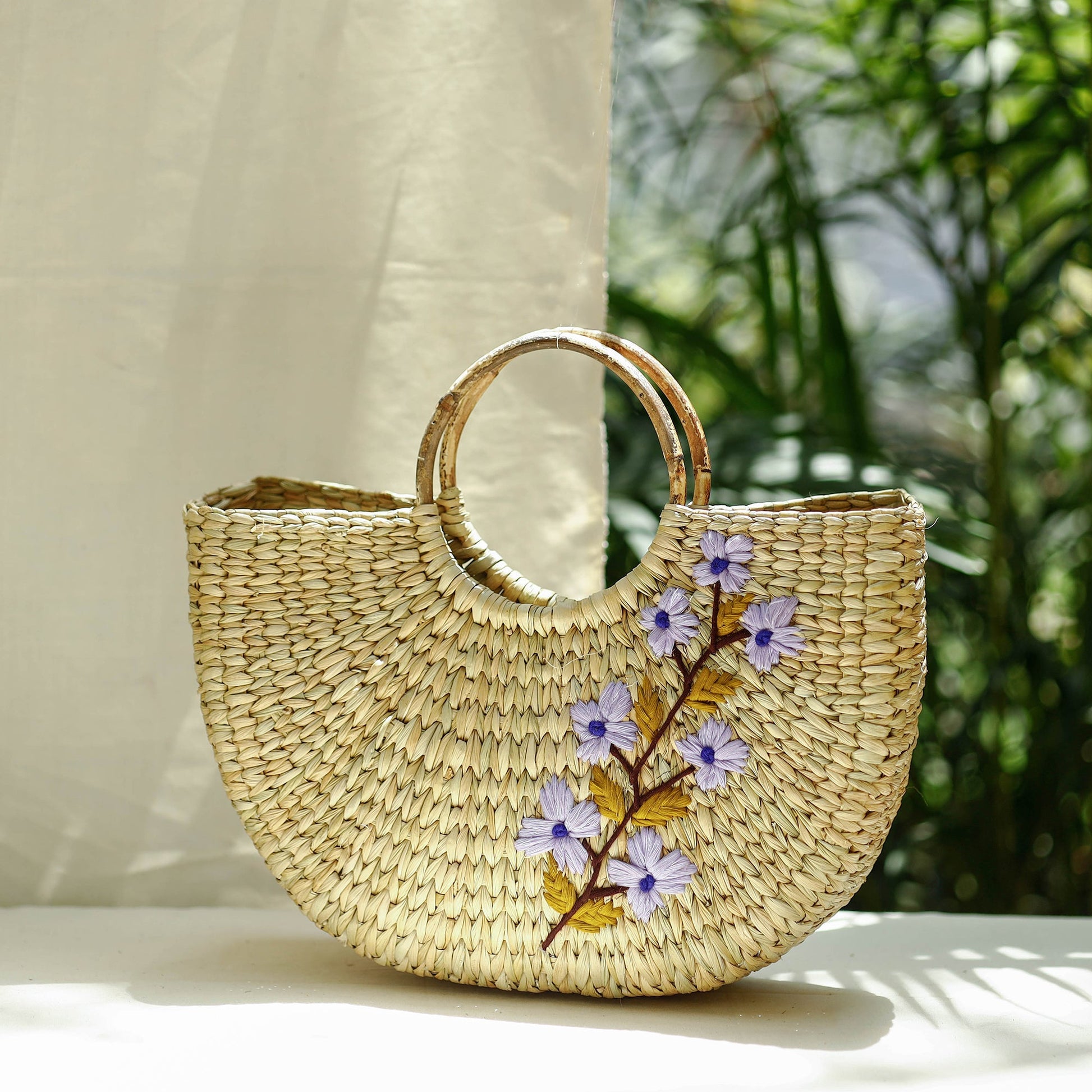 Beige - Handcrafted Natural Water Reed Embroidered Hand Bag