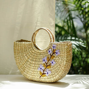 Beige - Handcrafted Natural Water Reed Embroidered Hand Bag