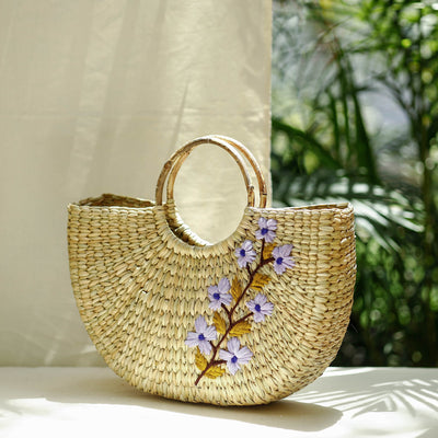 Beige - Handcrafted Natural Water Reed Embroidered Hand Bag
