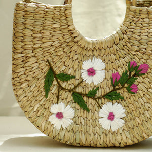 Beige - Handcrafted Natural Water Reed Embroidered Hand Bag