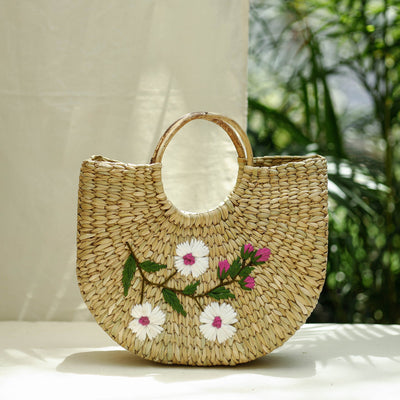 Beige - Handcrafted Natural Water Reed Embroidered Hand Bag