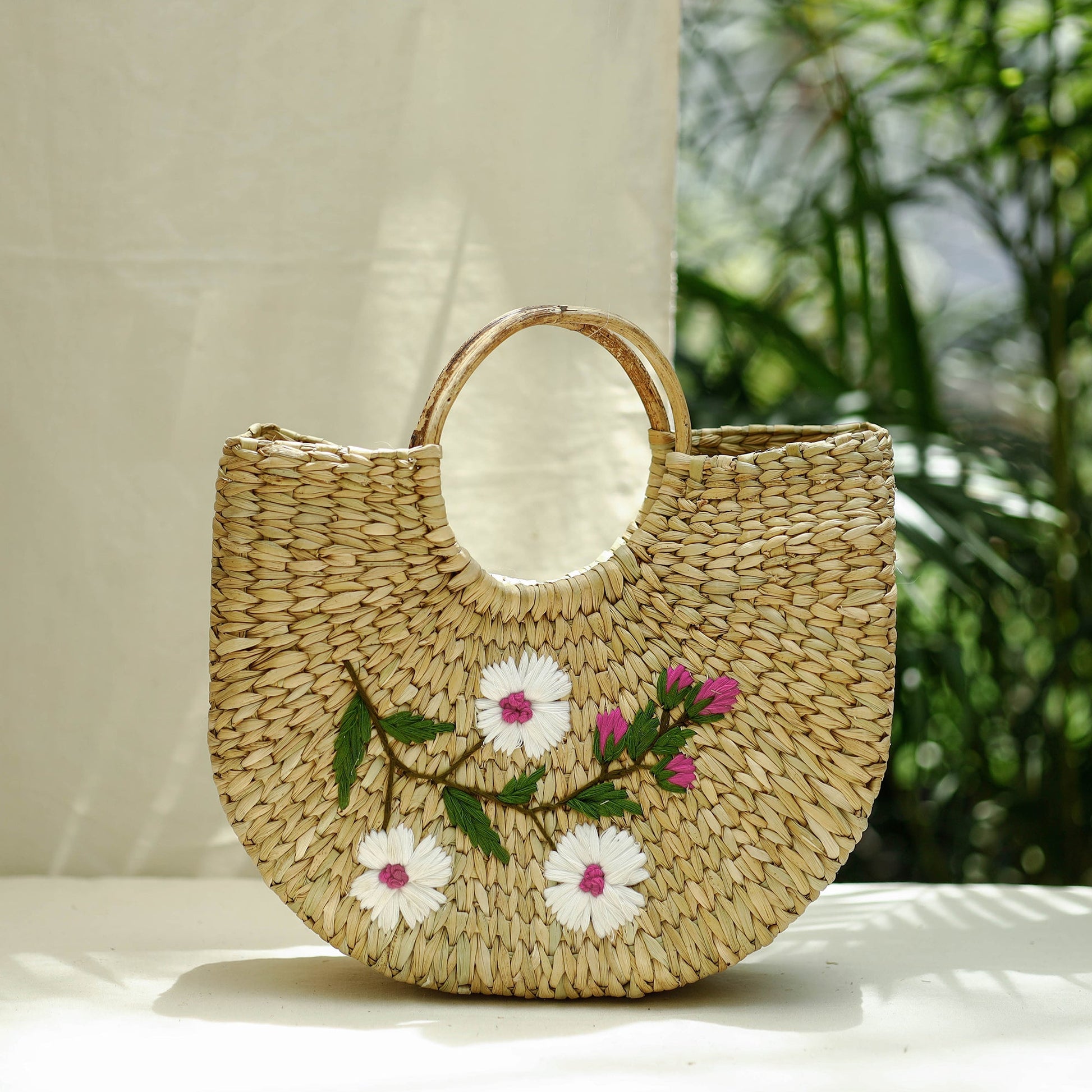Beige - Handcrafted Natural Water Reed Embroidered Hand Bag