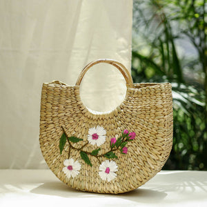 Beige - Handcrafted Natural Water Reed Embroidered Hand Bag