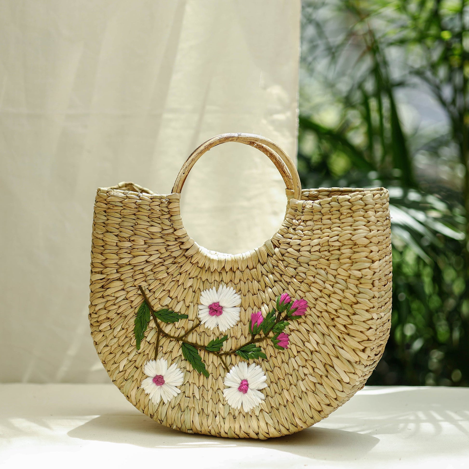 Beige - Handcrafted Natural Water Reed Embroidered Hand Bag