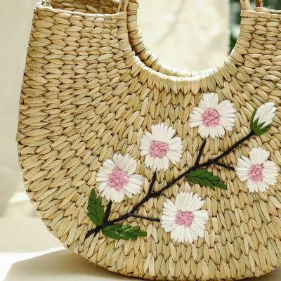 Beige - Handcrafted Natural Water Reed Embroidered Hand Bag
