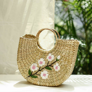 Beige - Handcrafted Natural Water Reed Embroidered Hand Bag