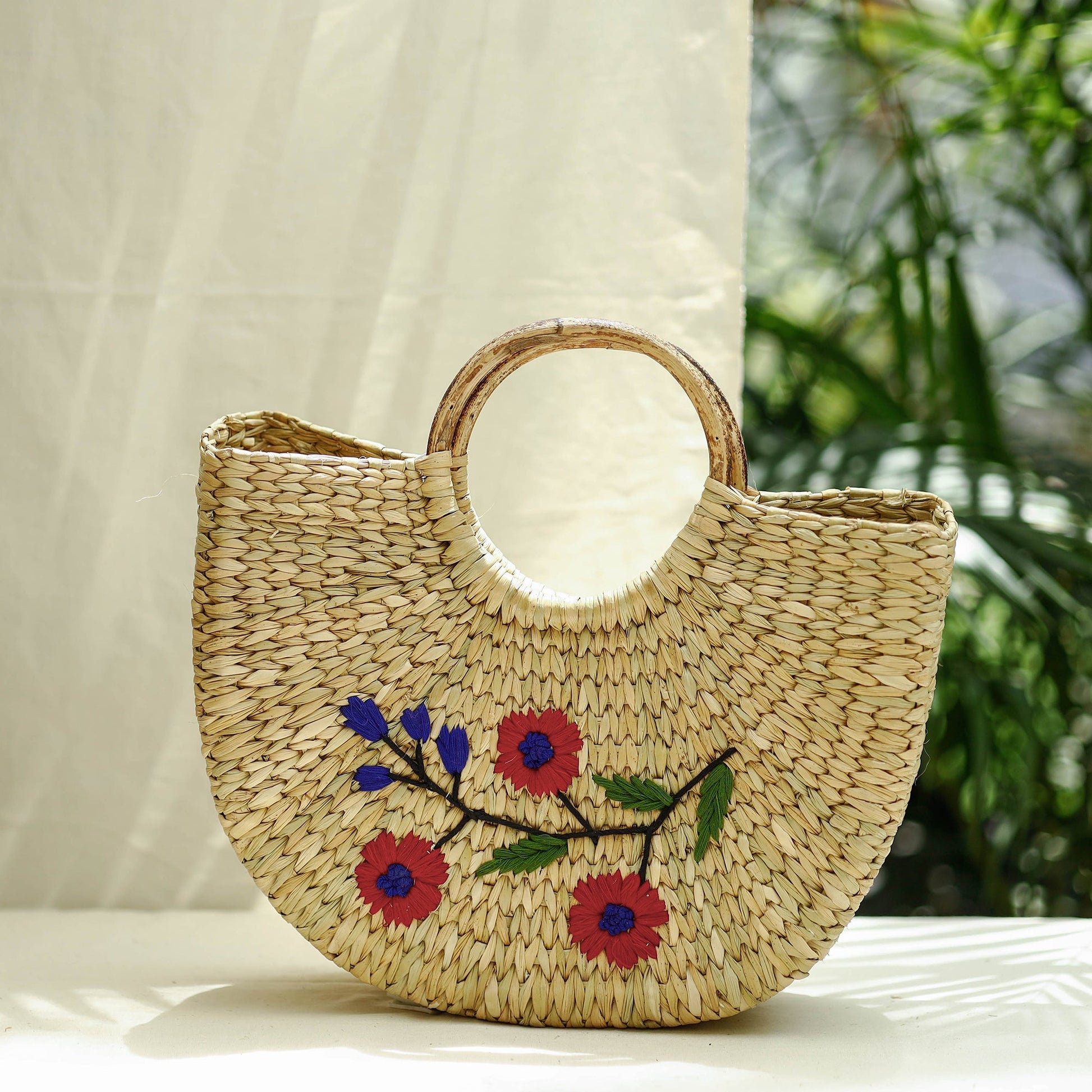 Beige - Handcrafted Natural Water Reed Embroidered Hand Bag