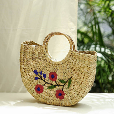 Beige - Handcrafted Natural Water Reed Embroidered Hand Bag