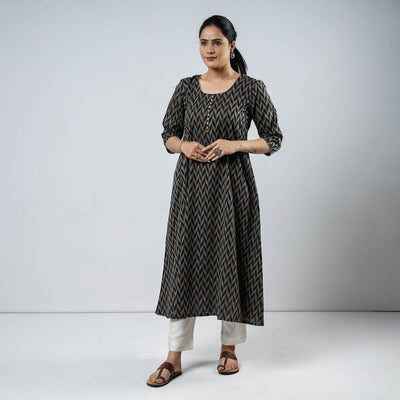 Black & Beige - Jacquard Cotton Long Straight Kurta