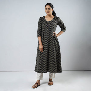 Black & Beige - Jacquard Cotton Long Straight Kurta