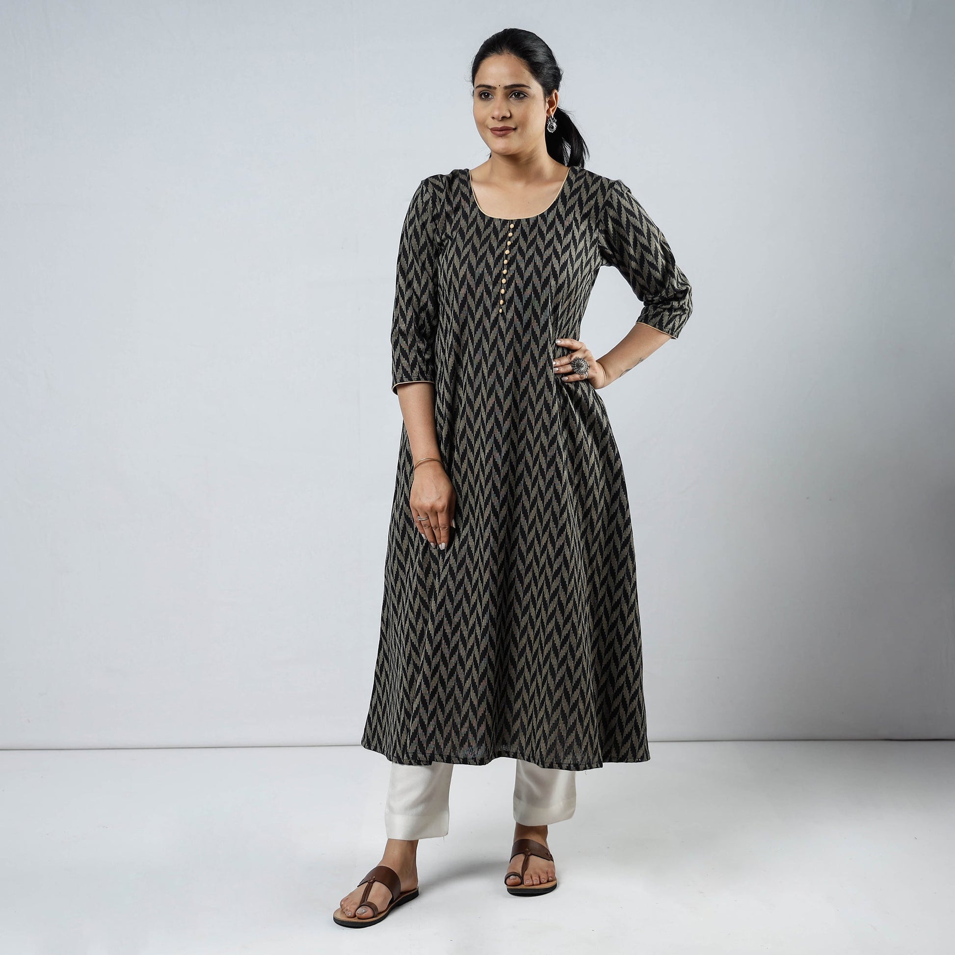 Black & Beige - Jacquard Cotton Long Straight Kurta