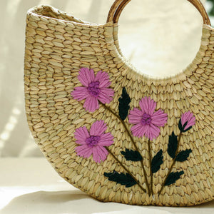 Beige - Handcrafted Natural Water Reed Embroidered Hand Bag