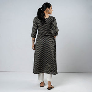 Black & Beige - Jacquard Cotton Long Straight Kurta