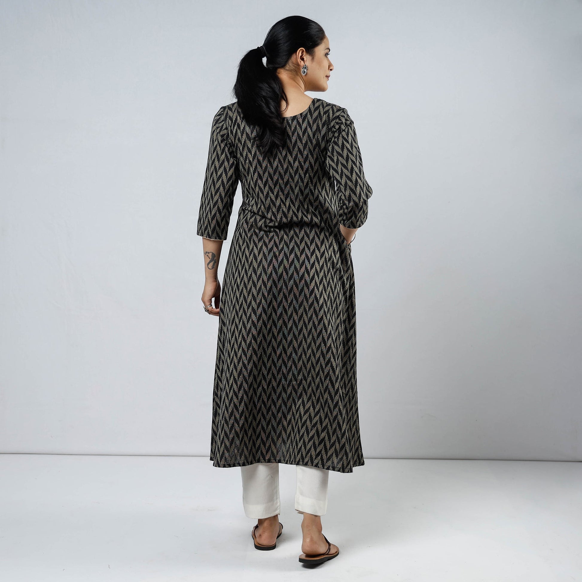 Black & Beige - Jacquard Cotton Long Straight Kurta