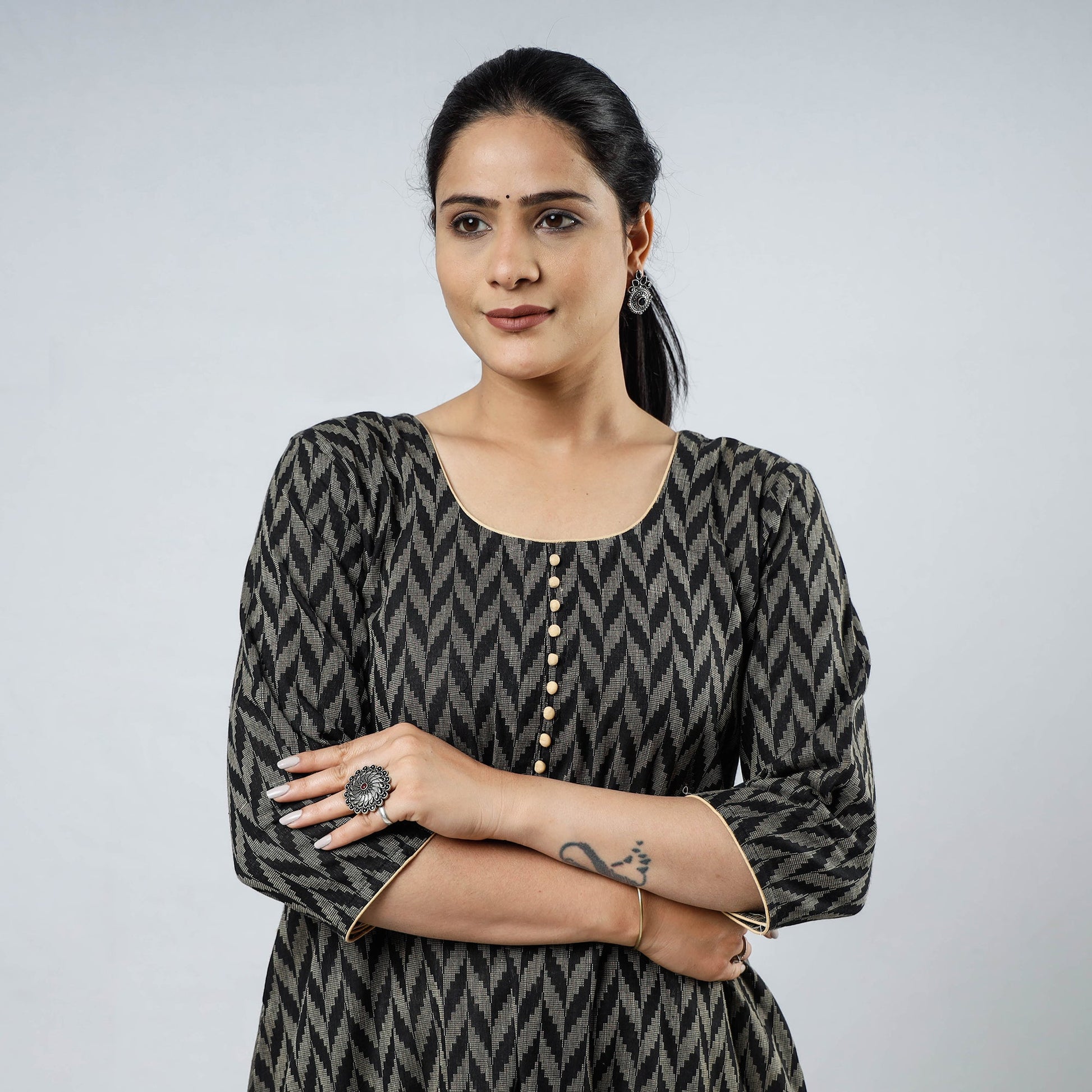 Black & Beige - Jacquard Cotton Long Straight Kurta