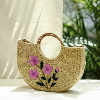 Beige - Handcrafted Natural Water Reed Embroidered Hand Bag