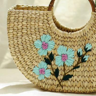 Beige - Handcrafted Natural Water Reed Embroidered Hand Bag