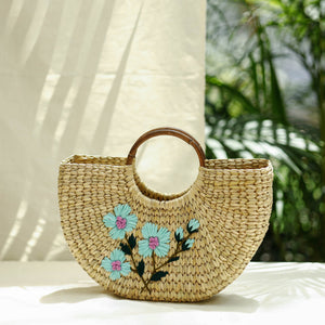 Beige - Handcrafted Natural Water Reed Embroidered Hand Bag