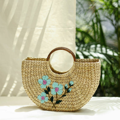 Beige - Handcrafted Natural Water Reed Embroidered Hand Bag