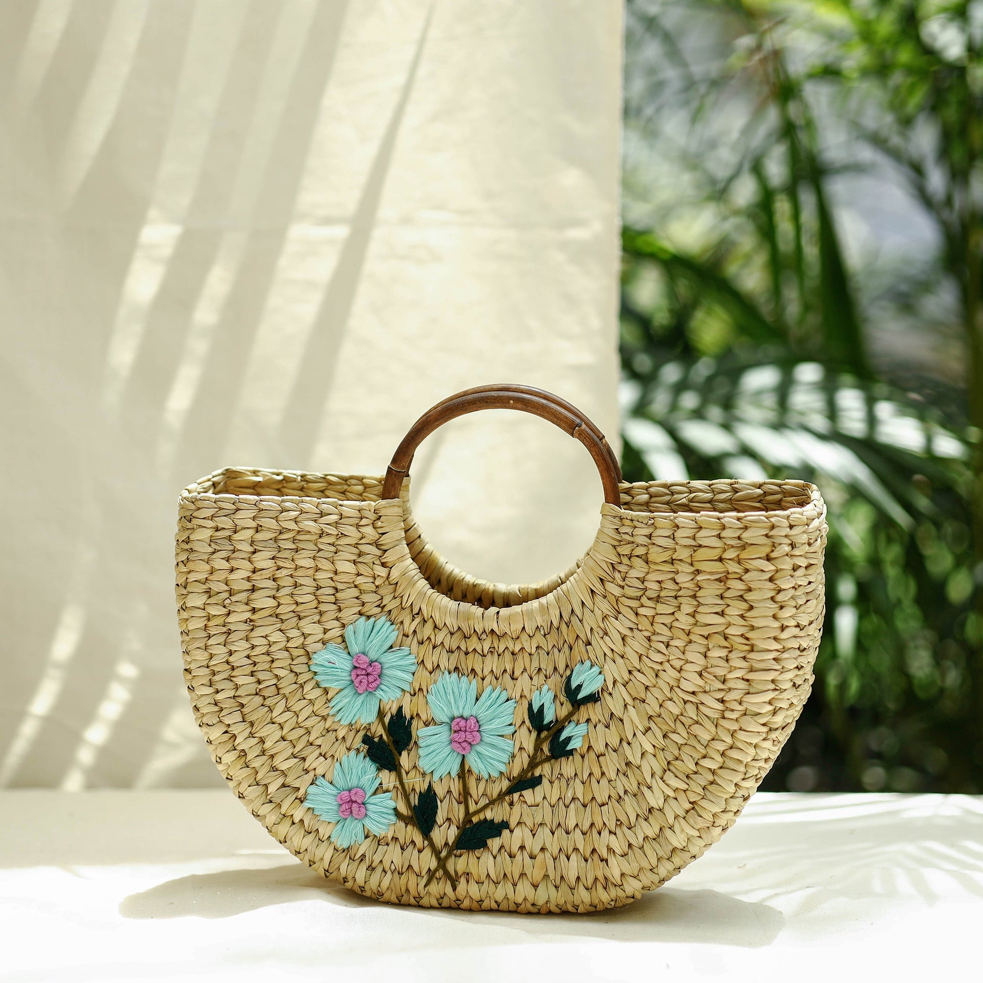 Beige - Handcrafted Natural Water Reed Embroidered Hand Bag