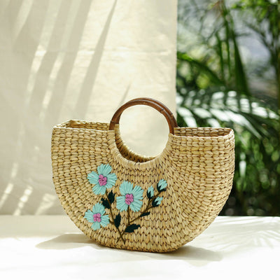 Beige - Handcrafted Natural Water Reed Embroidered Hand Bag