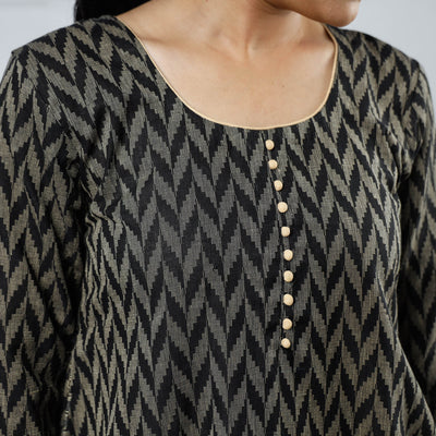 Black & Beige - Jacquard Cotton Long Straight Kurta