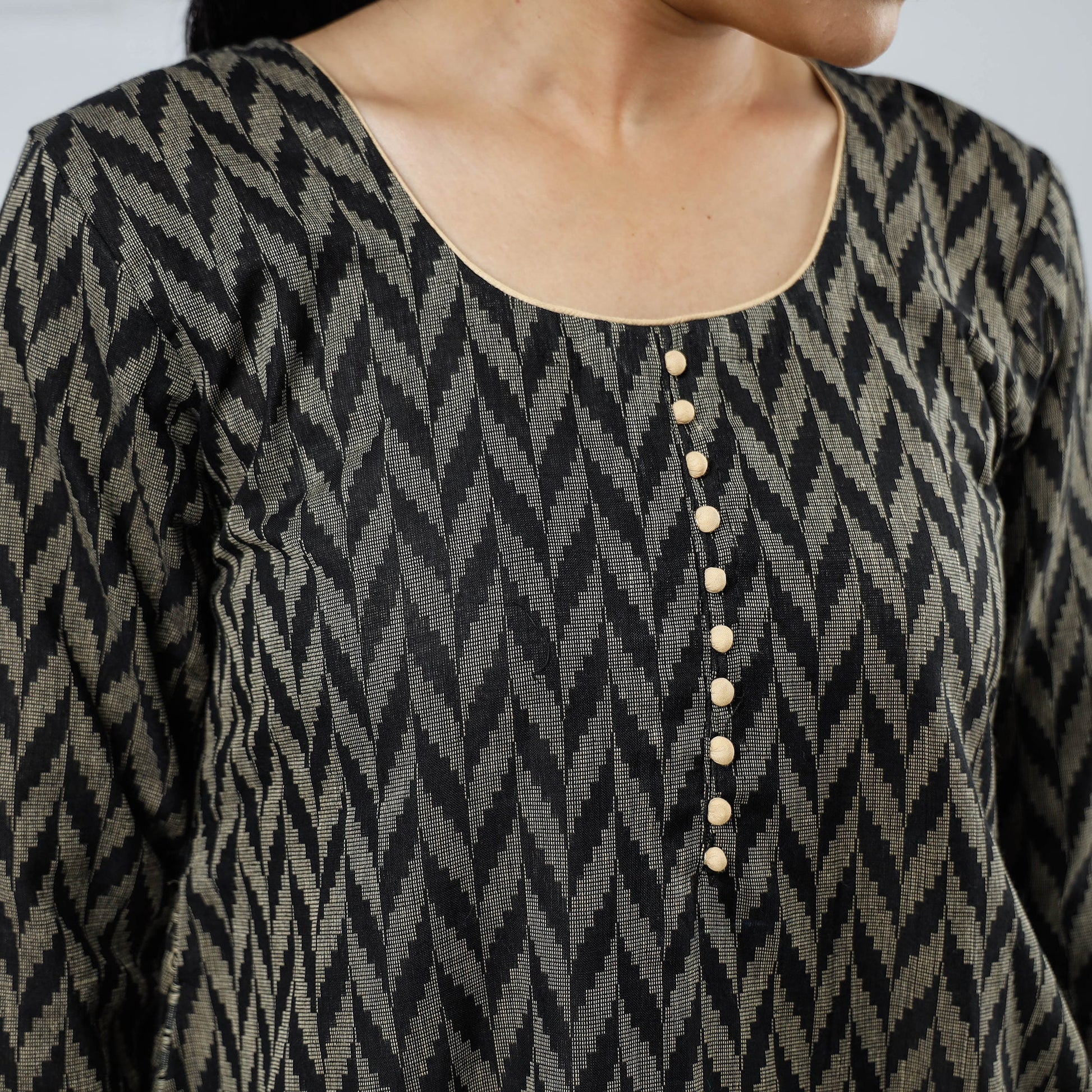 Black & Beige - Jacquard Cotton Long Straight Kurta