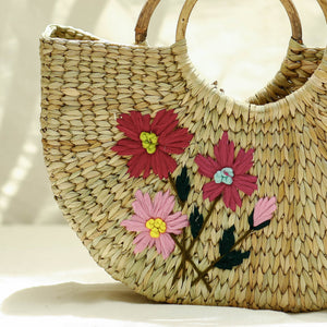 Beige - Handcrafted Natural Water Reed Embroidered Hand Bag