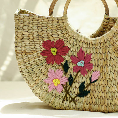 Beige - Handcrafted Natural Water Reed Embroidered Hand Bag