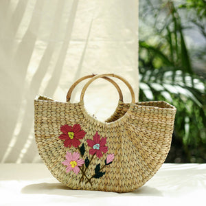 Beige - Handcrafted Natural Water Reed Embroidered Hand Bag
