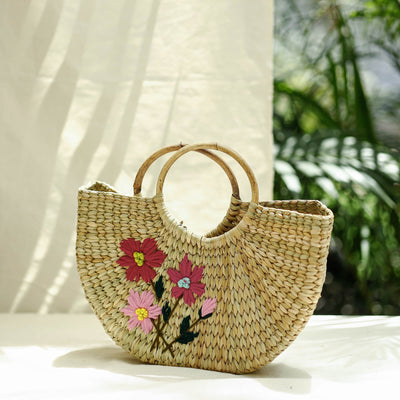 Beige - Handcrafted Natural Water Reed Embroidered Hand Bag