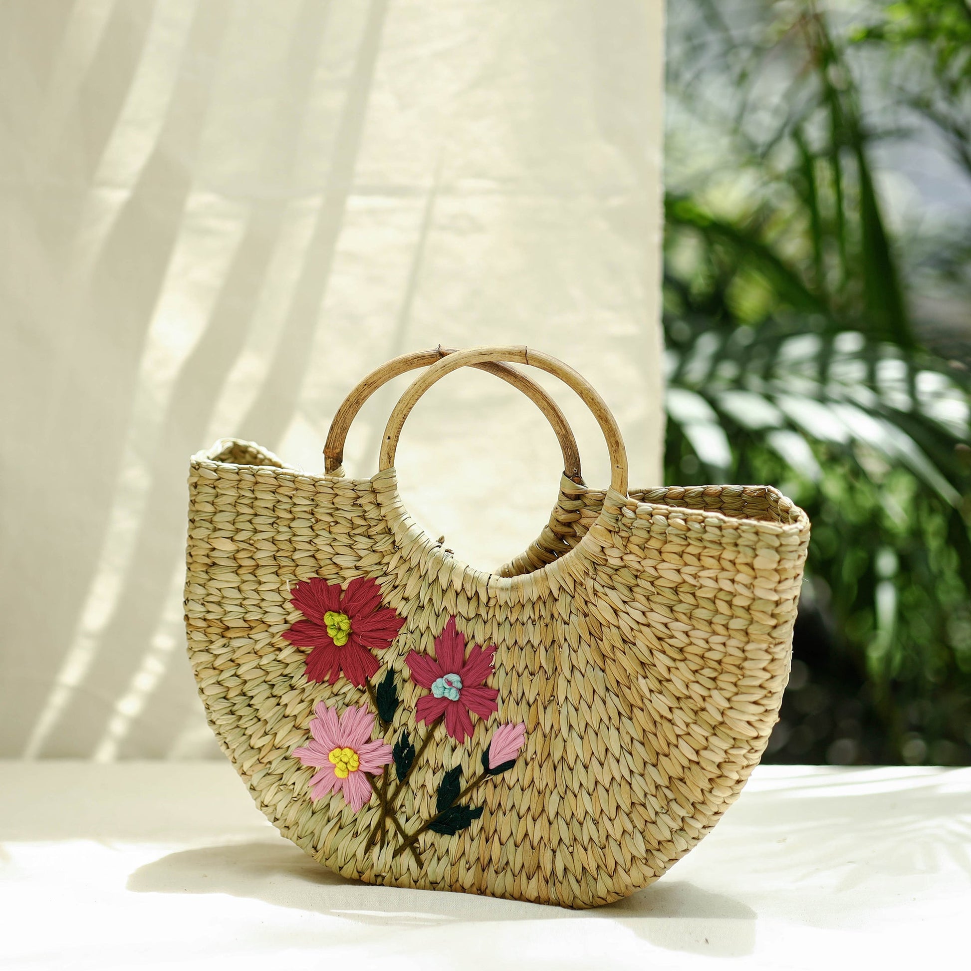 Beige - Handcrafted Natural Water Reed Embroidered Hand Bag