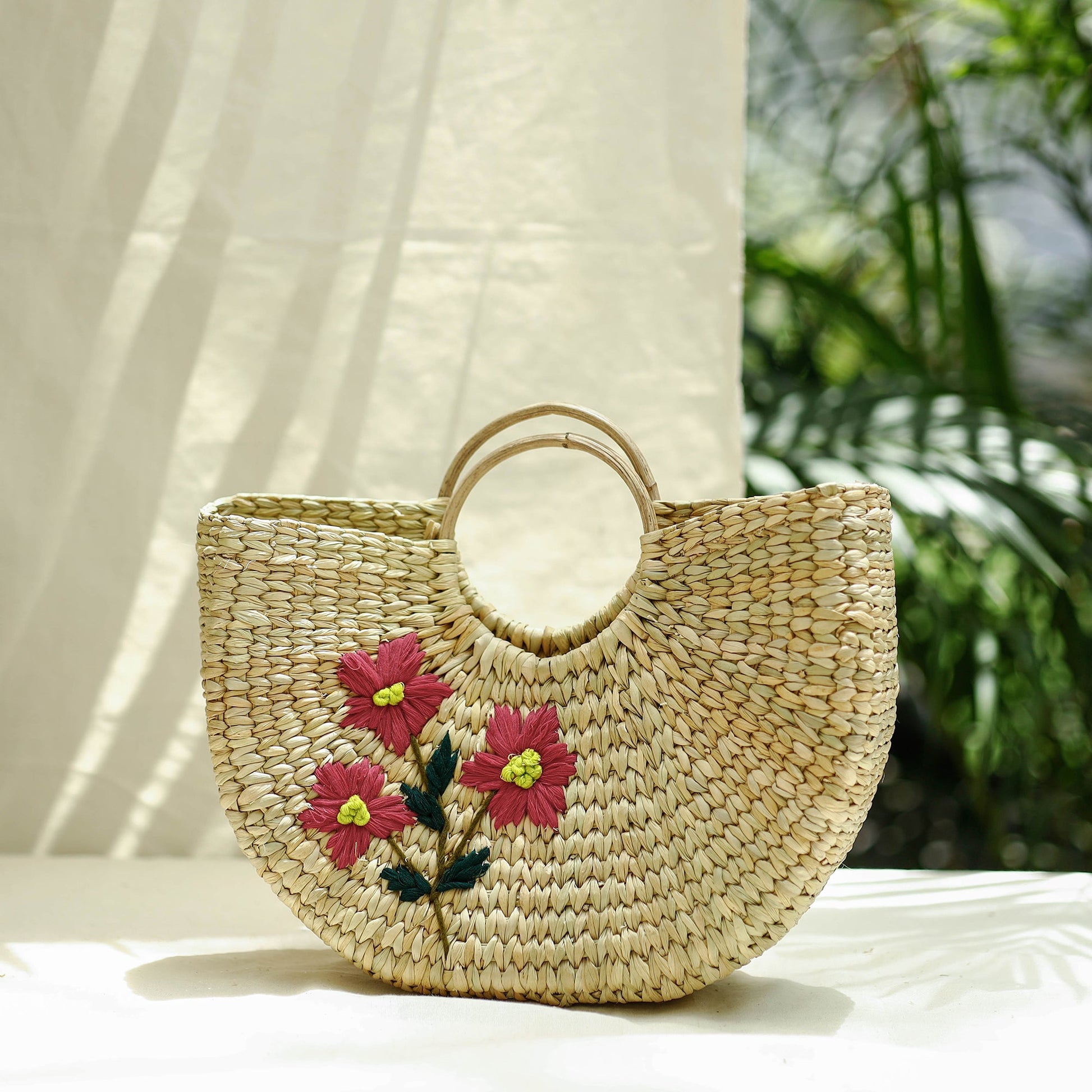 Beige - Handcrafted Natural Water Reed Embroidered Hand Bag