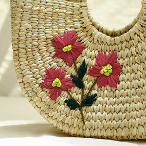 Beige - Handcrafted Natural Water Reed Embroidered Hand Bag