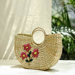 Beige - Handcrafted Natural Water Reed Embroidered Hand Bag