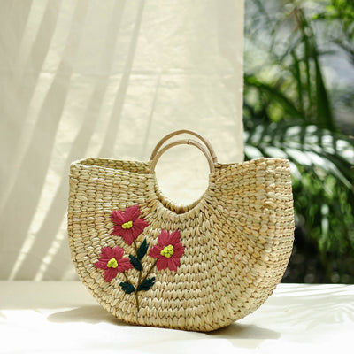 Beige - Handcrafted Natural Water Reed Embroidered Hand Bag