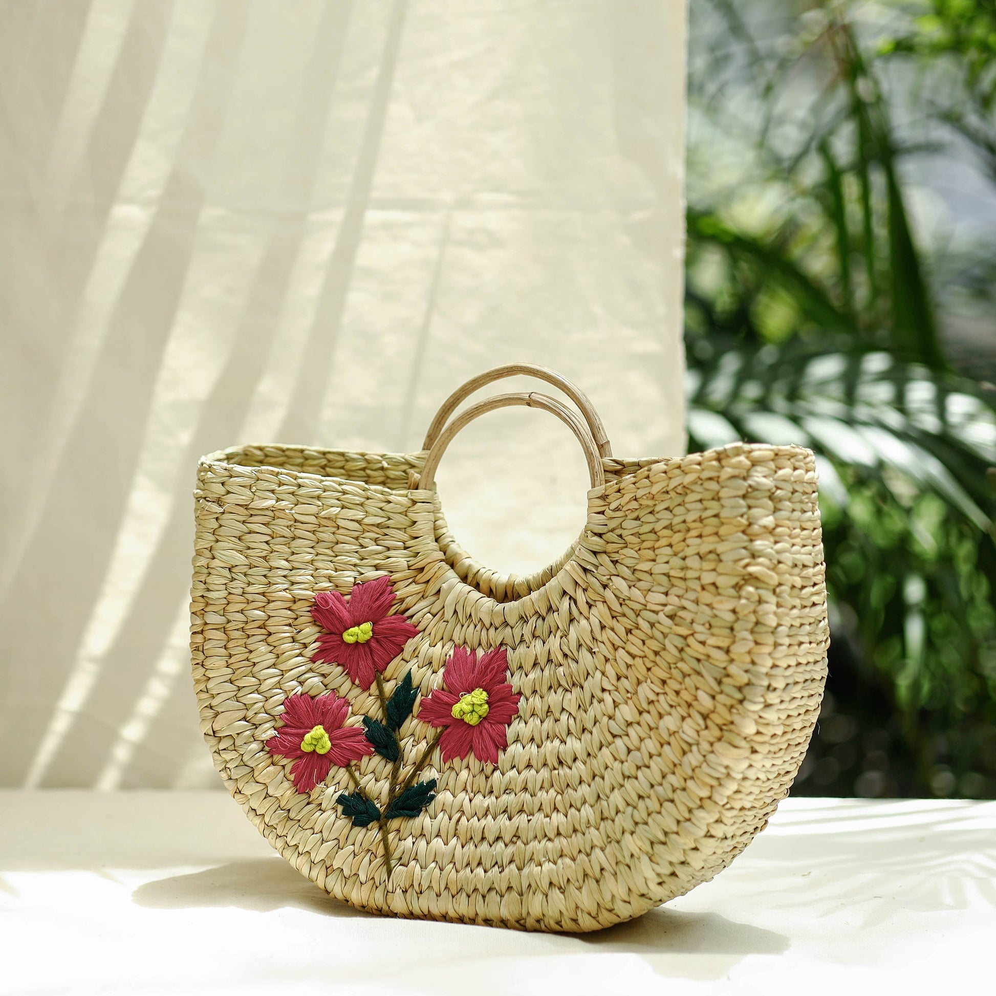 Beige - Handcrafted Natural Water Reed Embroidered Hand Bag