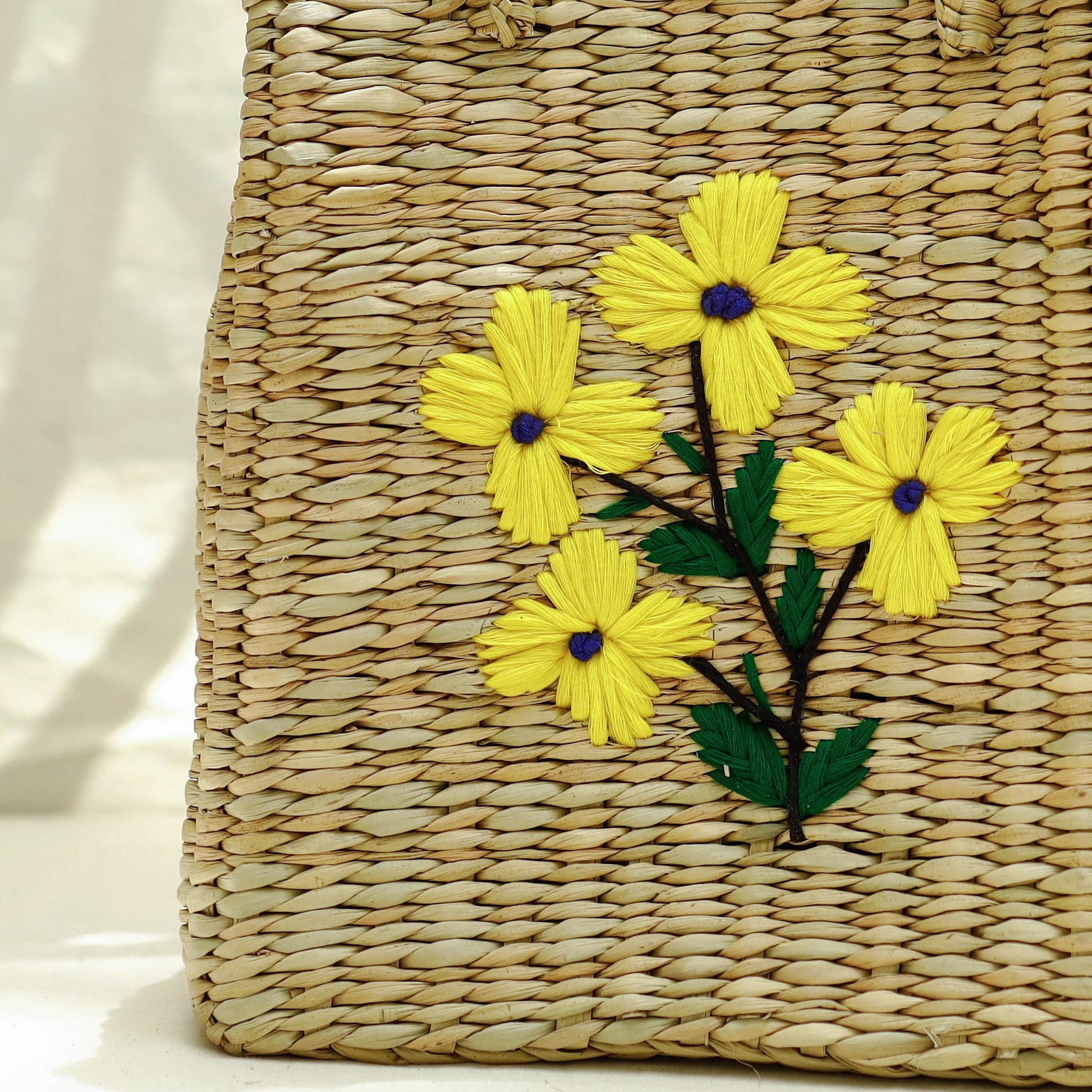 Beige - Handcrafted Natural Water Reed Embroidered Shopping Bag