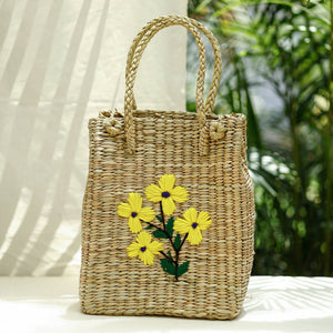 Beige - Handcrafted Natural Water Reed Embroidered Shopping Bag