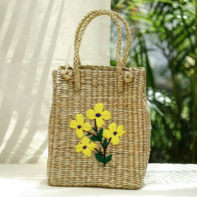 Beige - Handcrafted Natural Water Reed Embroidered Shopping Bag