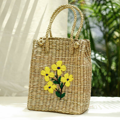 Beige - Handcrafted Natural Water Reed Embroidered Shopping Bag