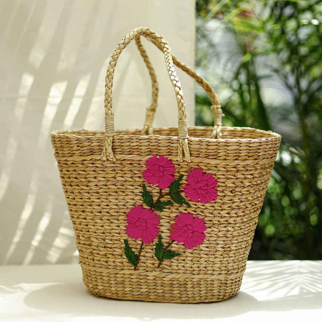 Beige - Handcrafted Natural Water Reed Embroidered Sling Bag