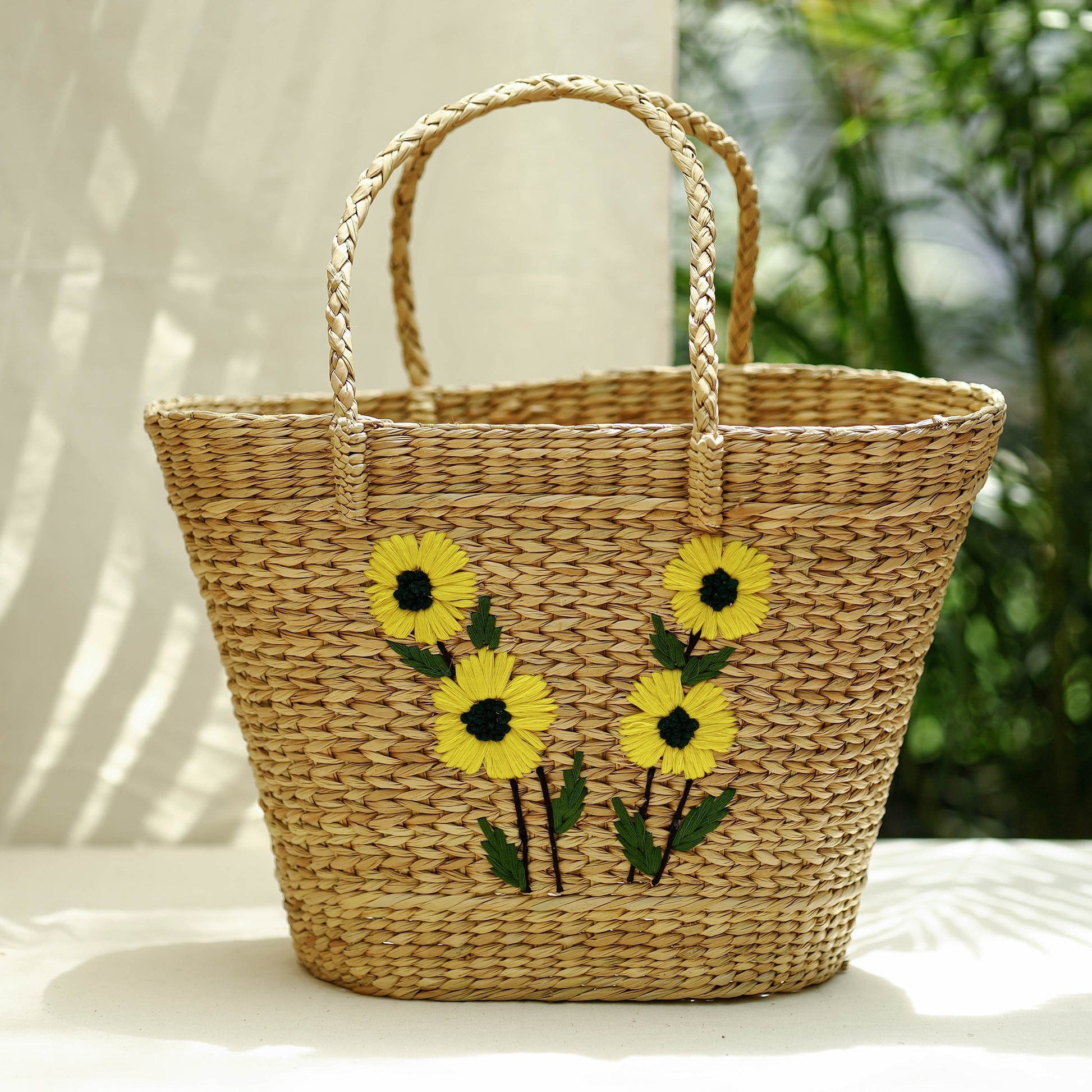 Beige - Handcrafted Natural Water Reed Embroidered Shopping Bag