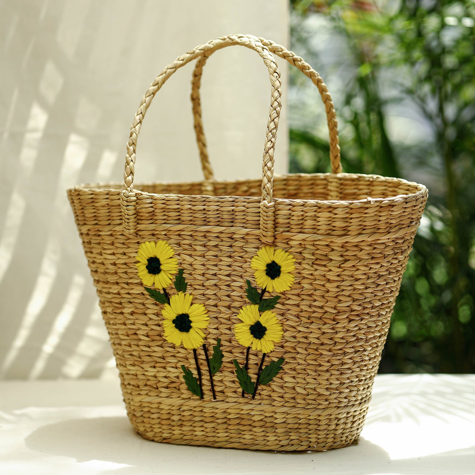 Beige - Handcrafted Natural Water Reed Embroidered Shopping Bag