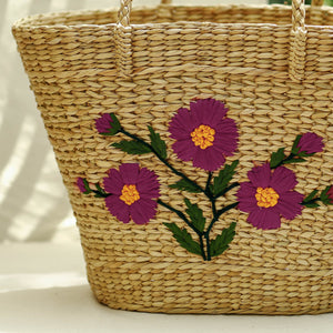 Beige - Handcrafted Natural Water Reed Embroidered Shopping Bag