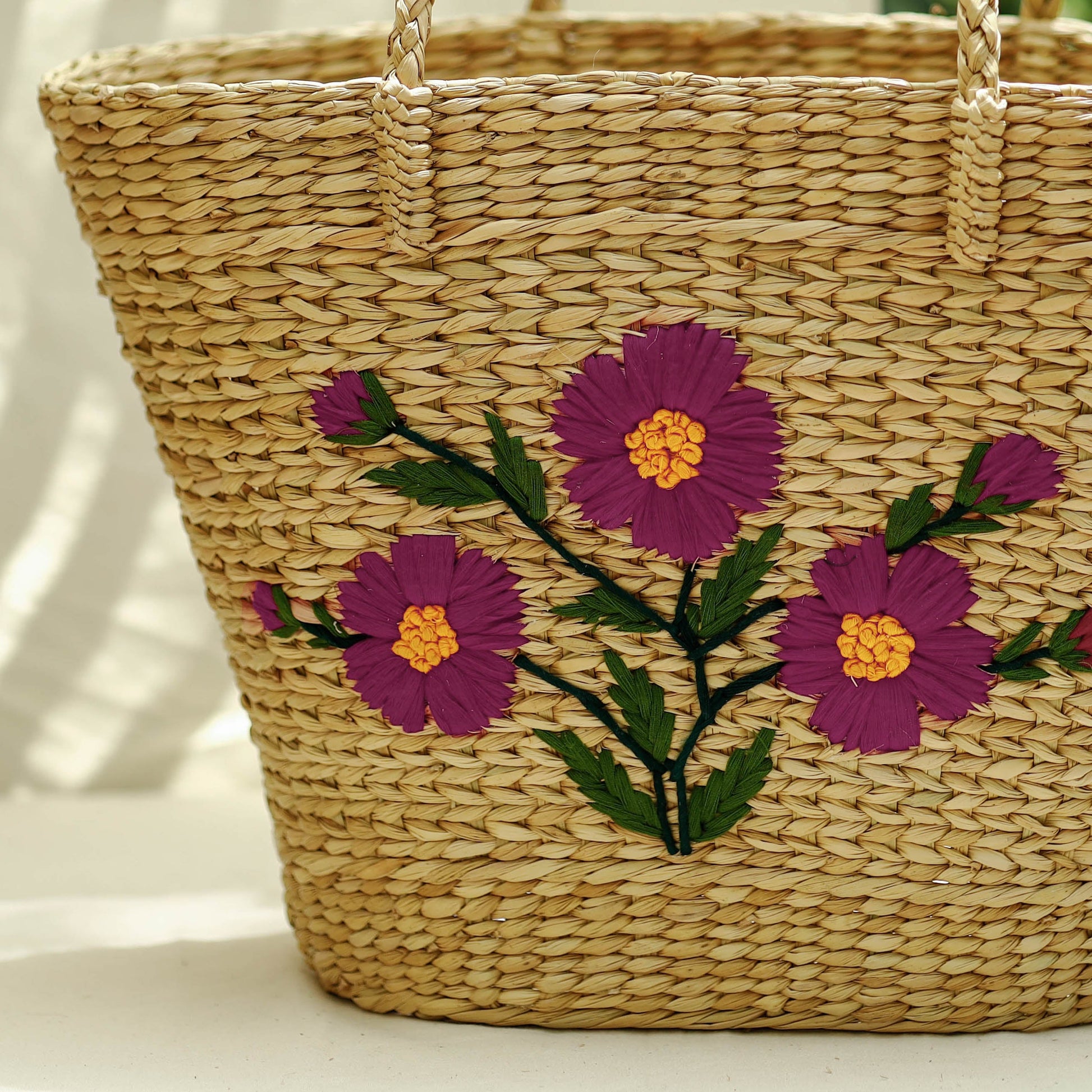 Beige - Handcrafted Natural Water Reed Embroidered Shopping Bag