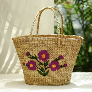 Beige - Handcrafted Natural Water Reed Embroidered Shopping Bag