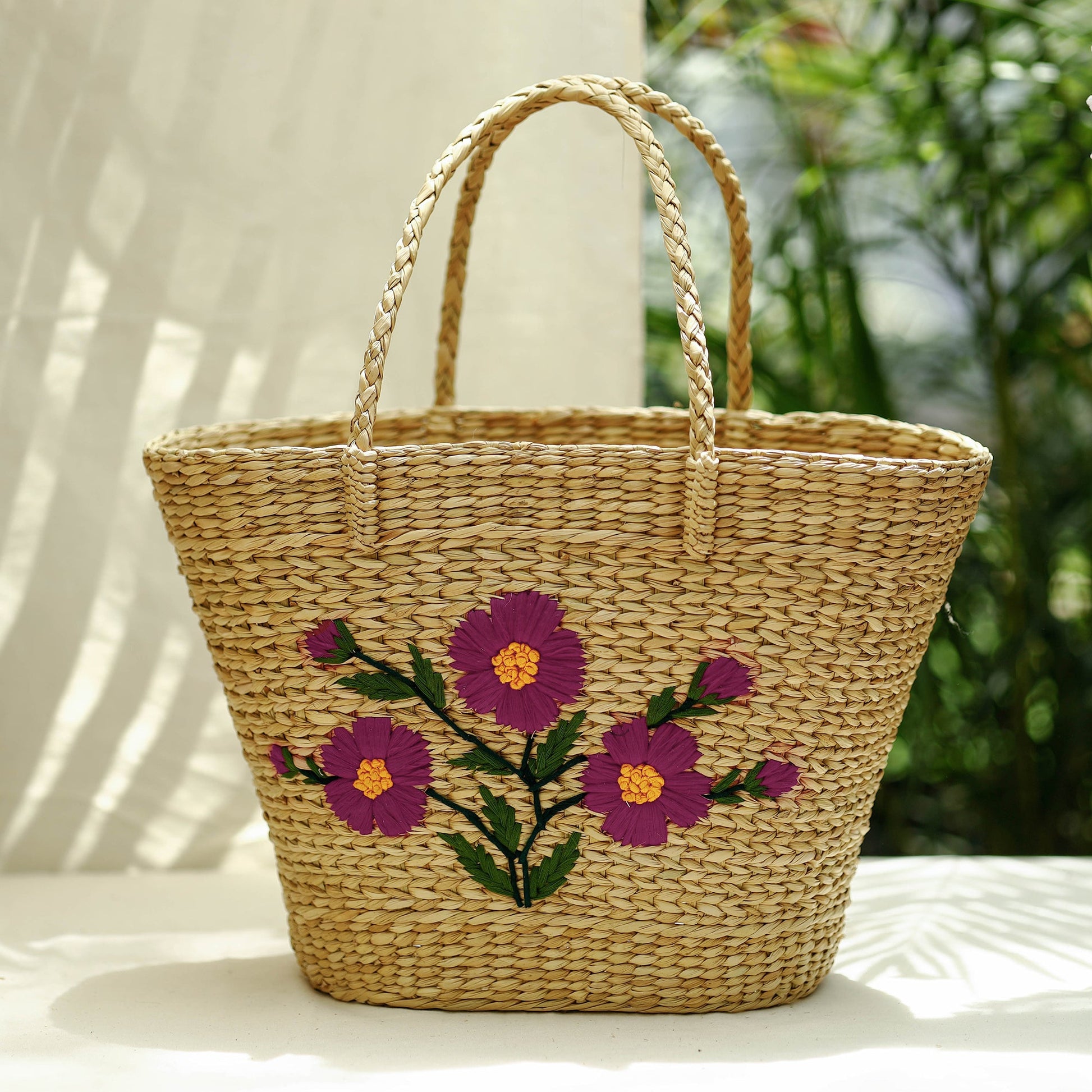 Beige - Handcrafted Natural Water Reed Embroidered Shopping Bag
