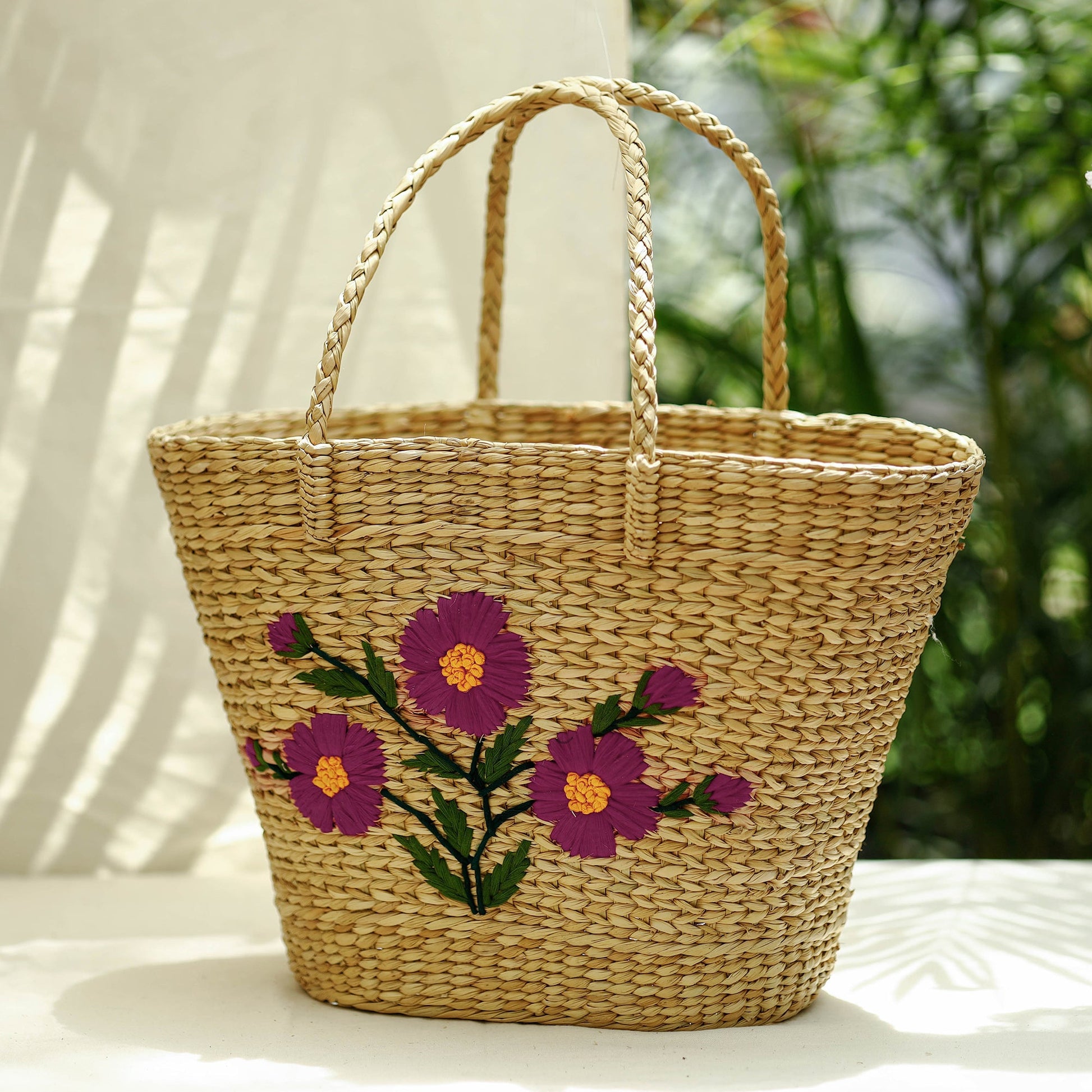Beige - Handcrafted Natural Water Reed Embroidered Shopping Bag